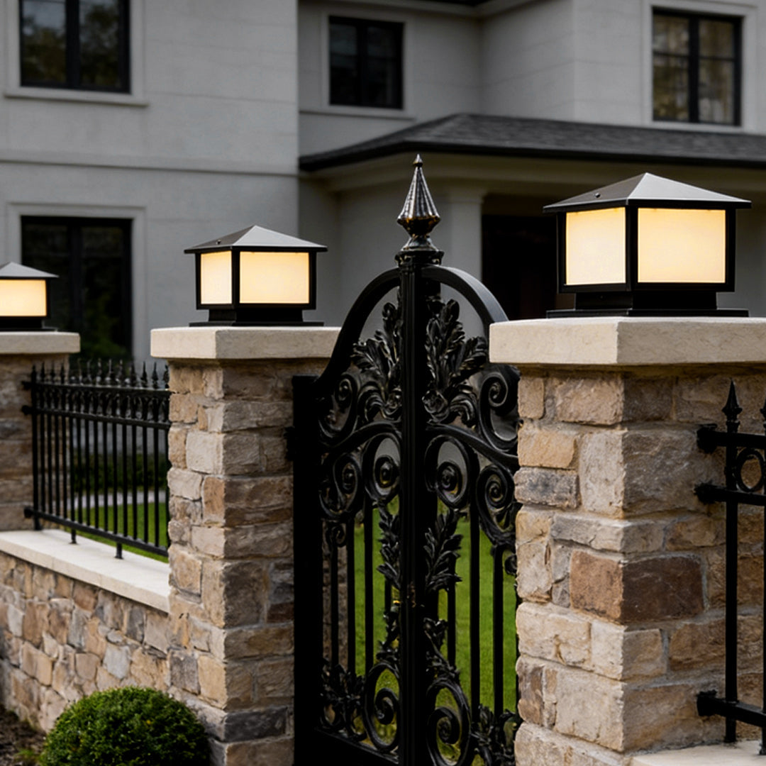 Square Lantern Pillar Light, Black Die Cast Aluminum Post Cap Light 5