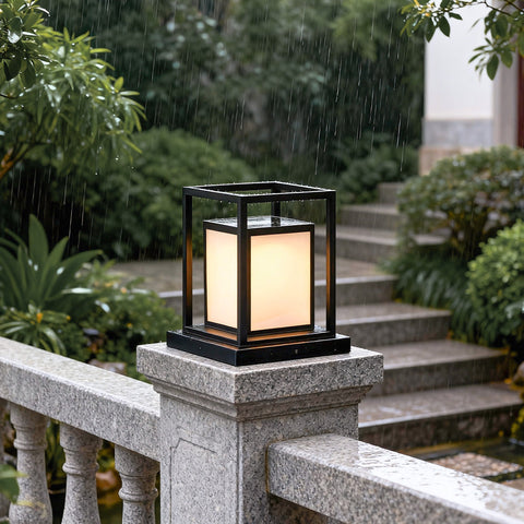 Tall Square Post Light, Black Steel Solar Fence Pillar Light