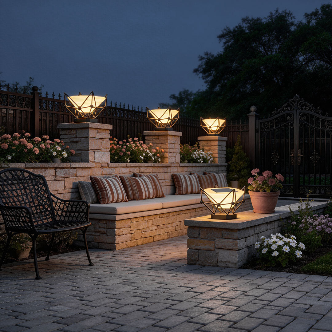Faceted Crown Pillar Light, Black Stainless Steel Post Cap Light