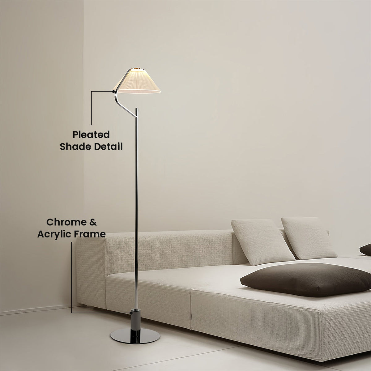 Pleated Shade Floor Lamp: Pleated Shade Detail, Chrome & Acrylic Frame
