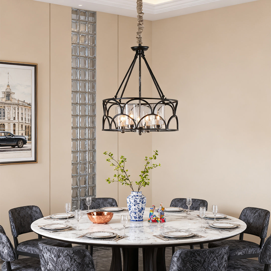 Arched Drum Candle Chandelier, Black Metal and Glass Ceiling Light