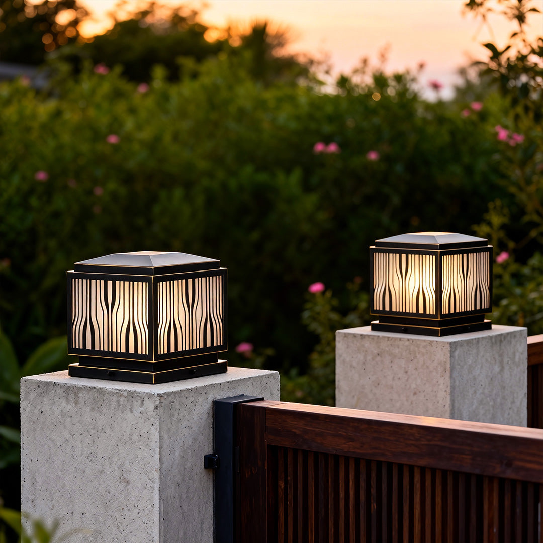 Wavy Glass Pillar Cap Light, Black and Gold Copper Post Light