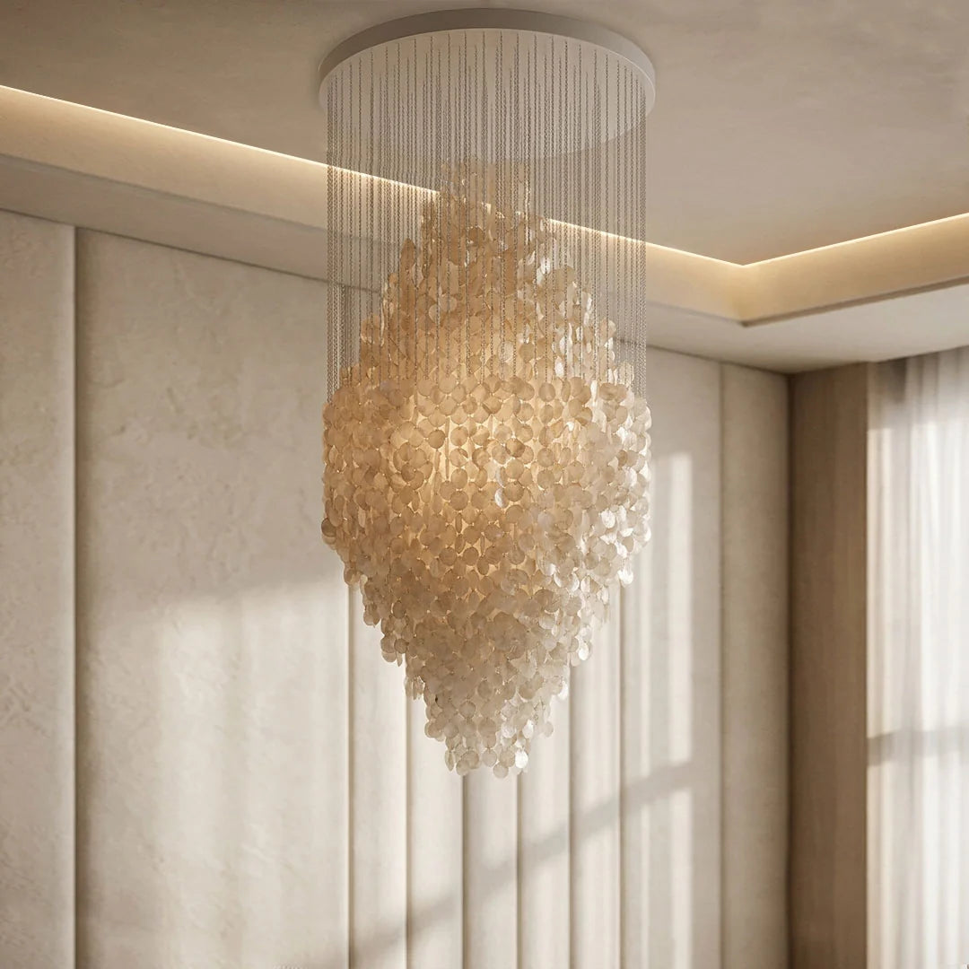 Pearl Shell Staircase Chandelier, Natural Seashell Long Drop Light