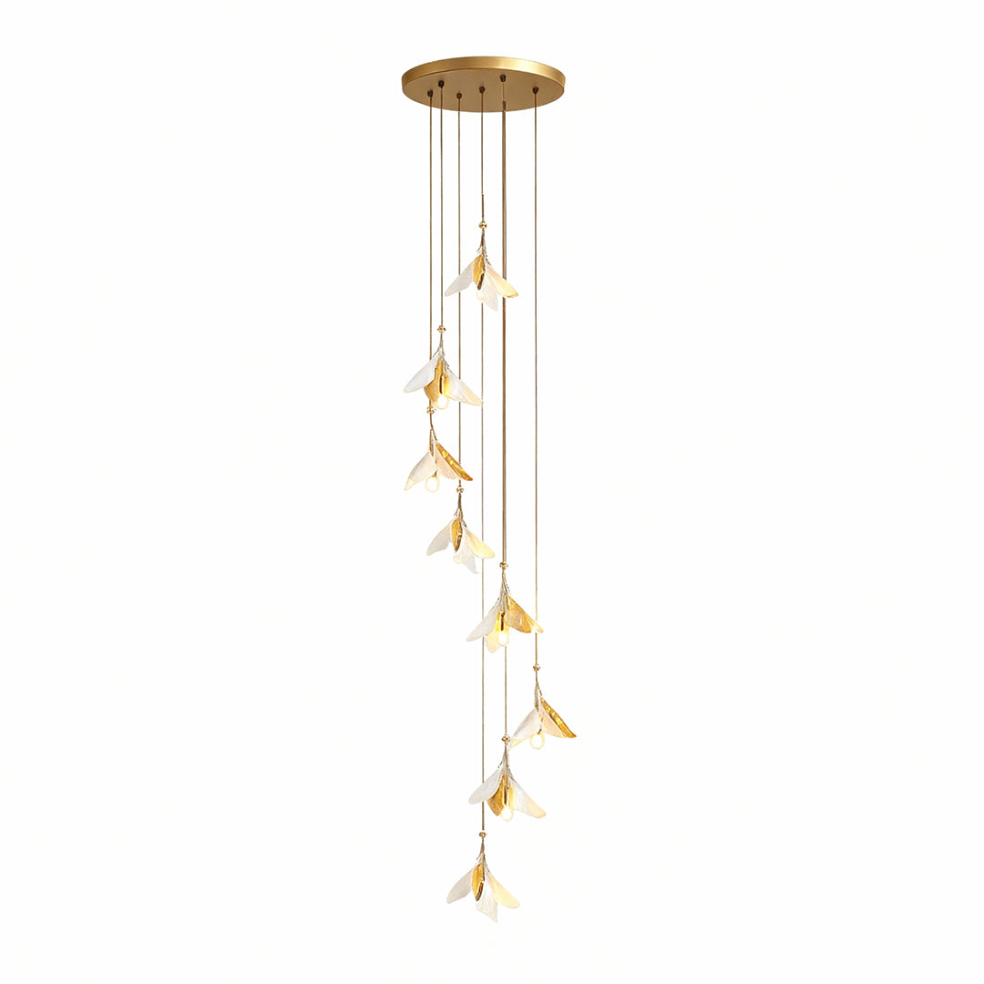 Ceramic Blossom Spiral Staircase Chandelier, Gold Iron Long Drop Light 14