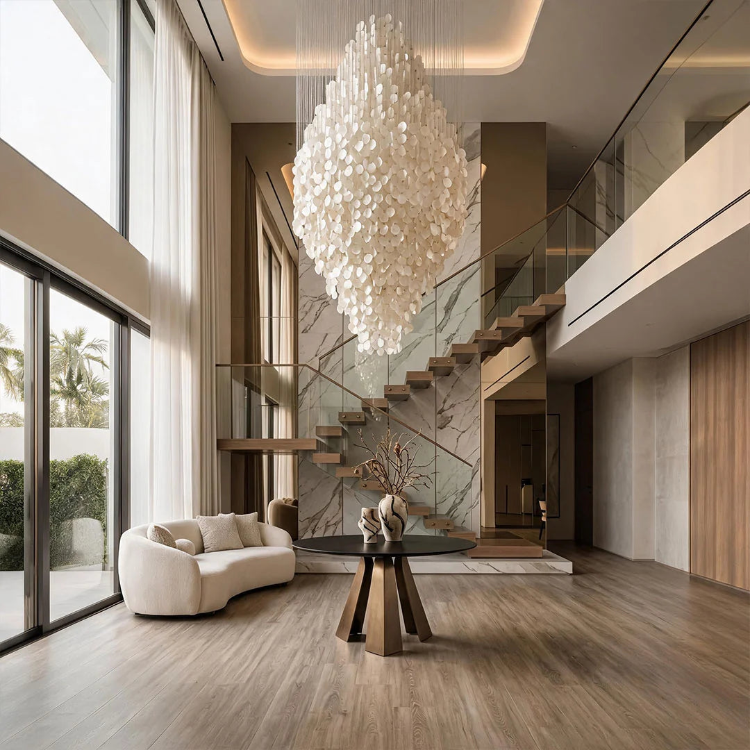 Pearl Shell Staircase Chandelier, Natural Seashell Long Drop Light 2