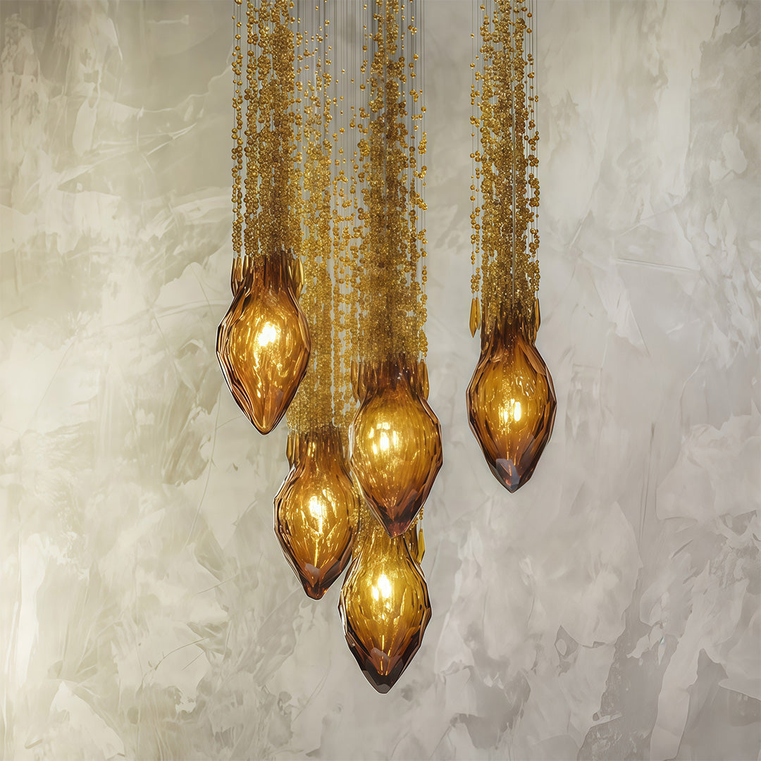 Cognac Crystal Cascade Staircase Chandelier, Stainless Steel Light 4