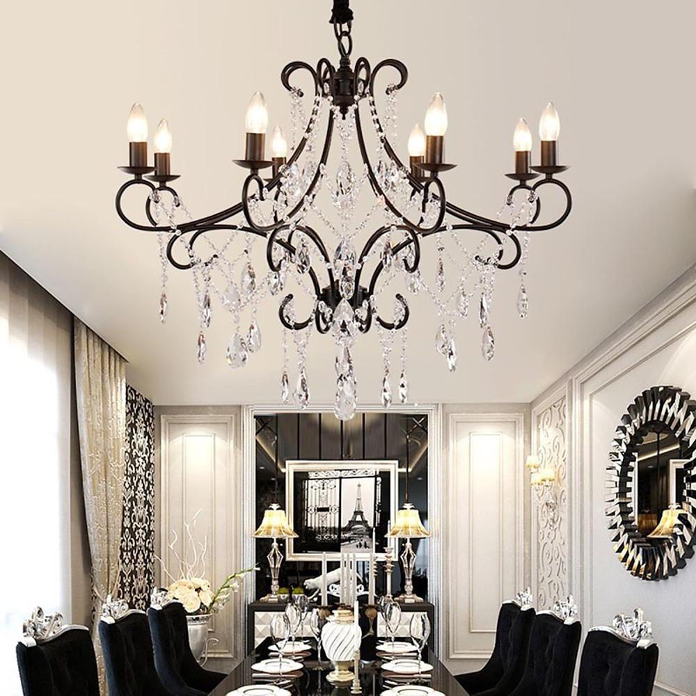 Scrolled Arm Crystal Candle Chandelier, Vintage Metal Ceiling Light