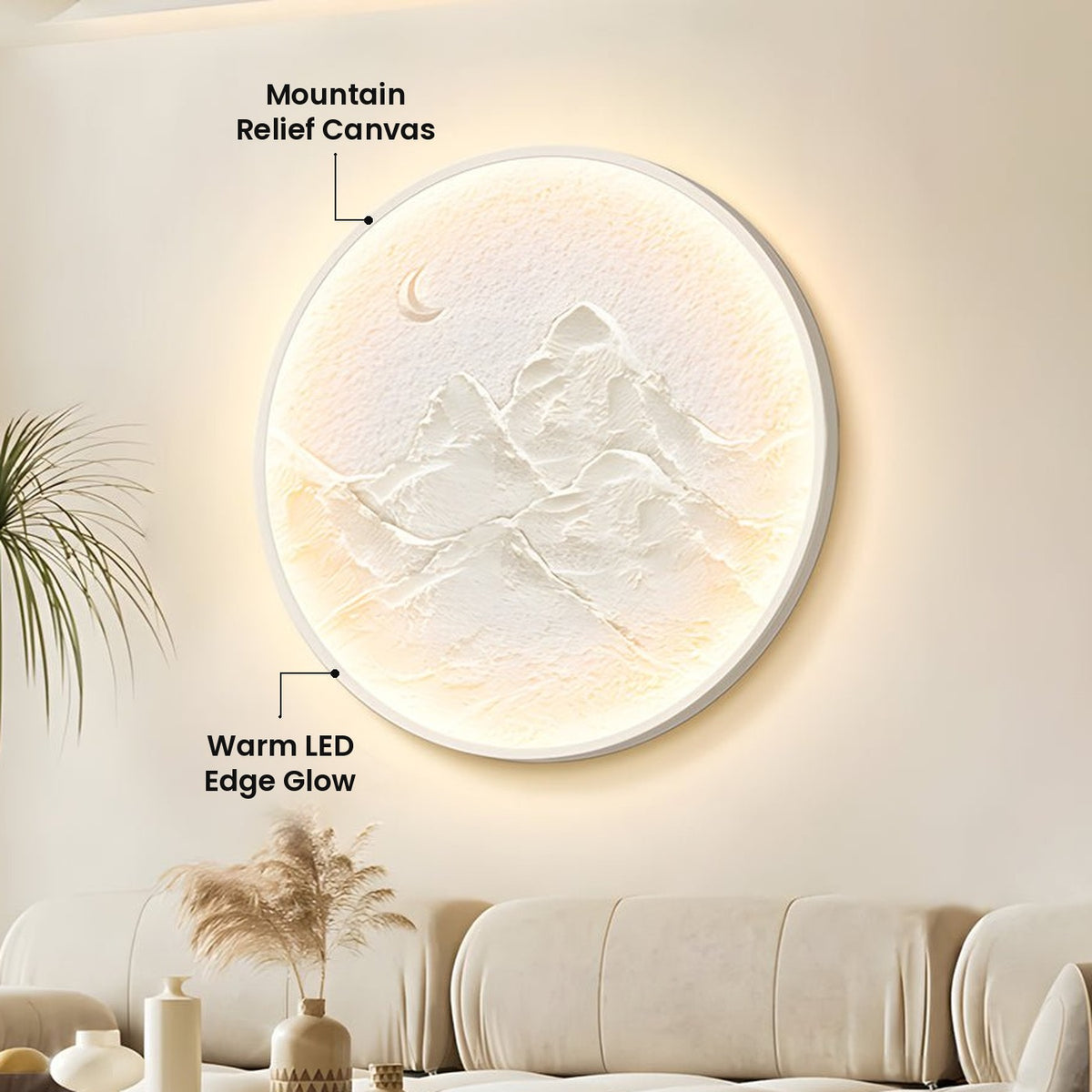 Mountain Moon Round LED Wall Art: Mountain Relief Canvas, Warm LED Edge Glow