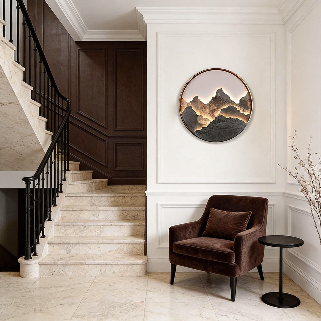 Mountain Stone LED Wall Art, Round Aluminum Framed Wall Light