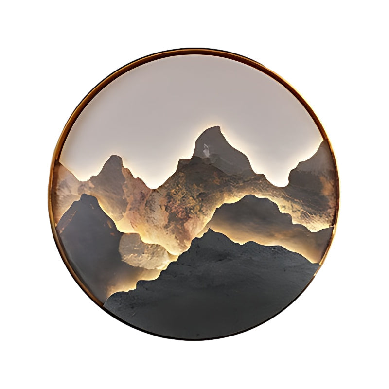 Mountain Stone LED Wall Art, Round Aluminum Framed Wall Light