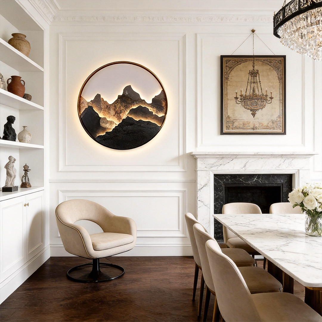 Mountain Stone LED Wall Art, Round Aluminum Framed Wall Light