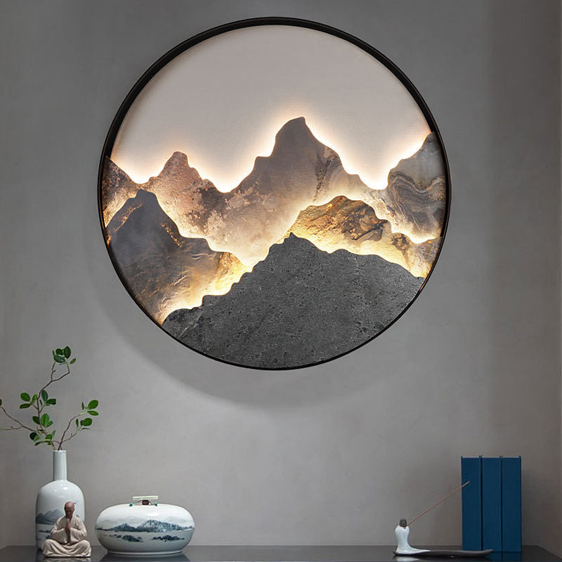 Mountain Stone LED Wall Art, Round Aluminum Framed Wall Light