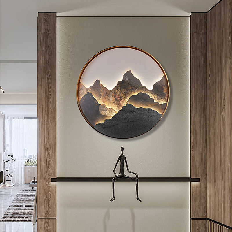 Mountain Stone LED Wall Art, Round Aluminum Framed Wall Light