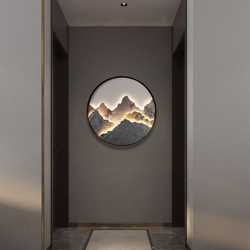 Mountain Stone LED Wall Art, Round Aluminum Framed Wall Light