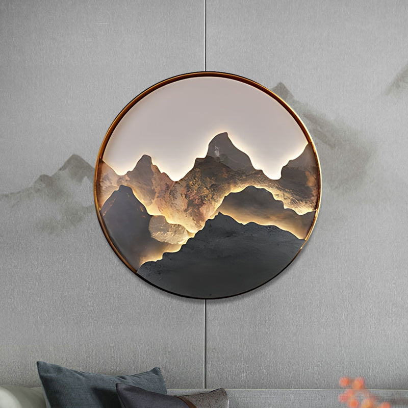 Mountain Stone LED Wall Art, Round Aluminum Framed Wall Light