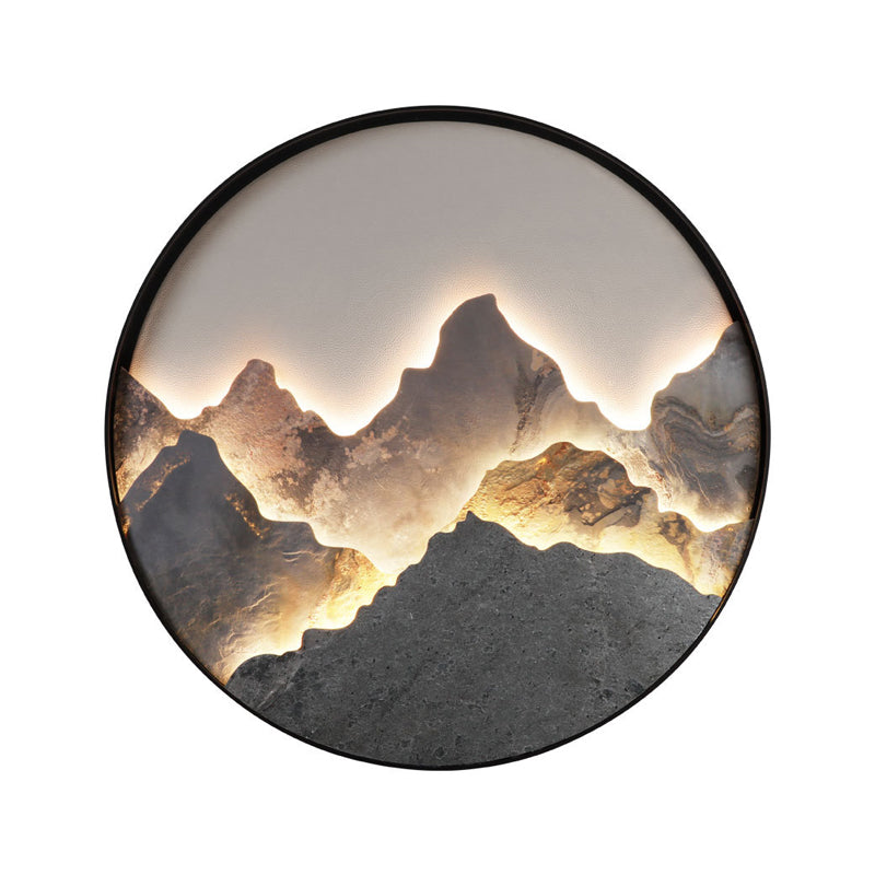 Mountain Stone LED Wall Art, Round Aluminum Framed Wall Light