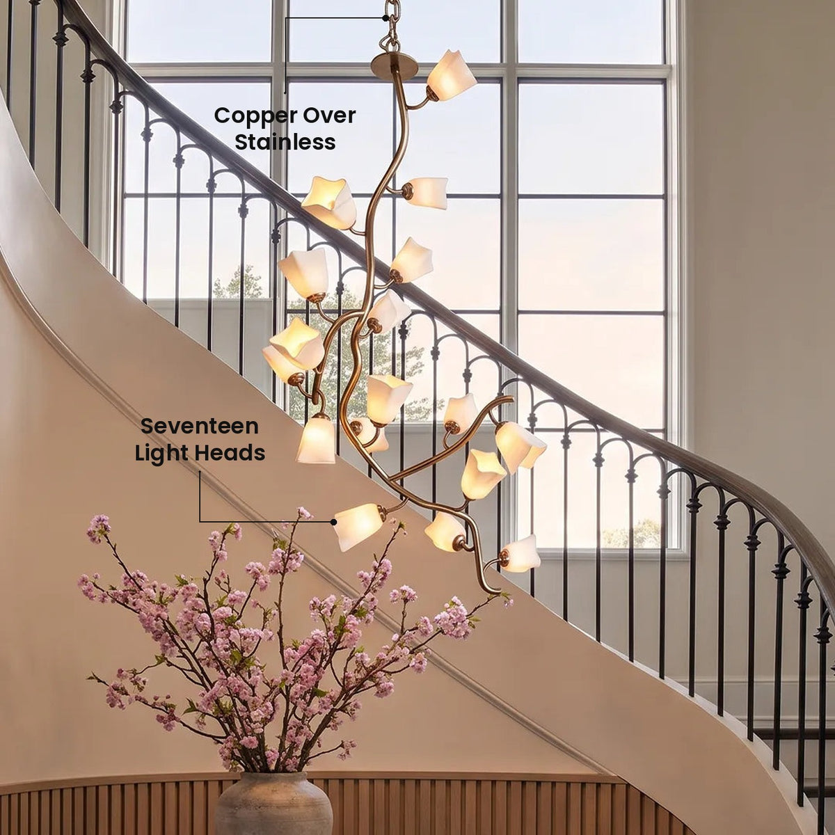 Branch Cluster Chandelier: Seventeen Light Heads, Copper Over Stainless