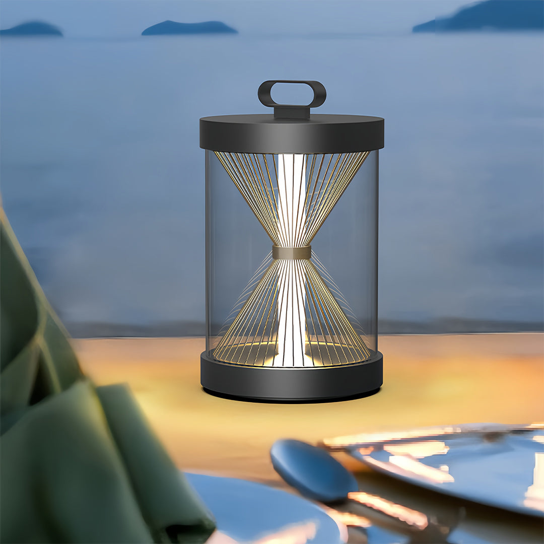 Hourglass Glass Lantern, Black Stainless Steel Outdoor Lantern