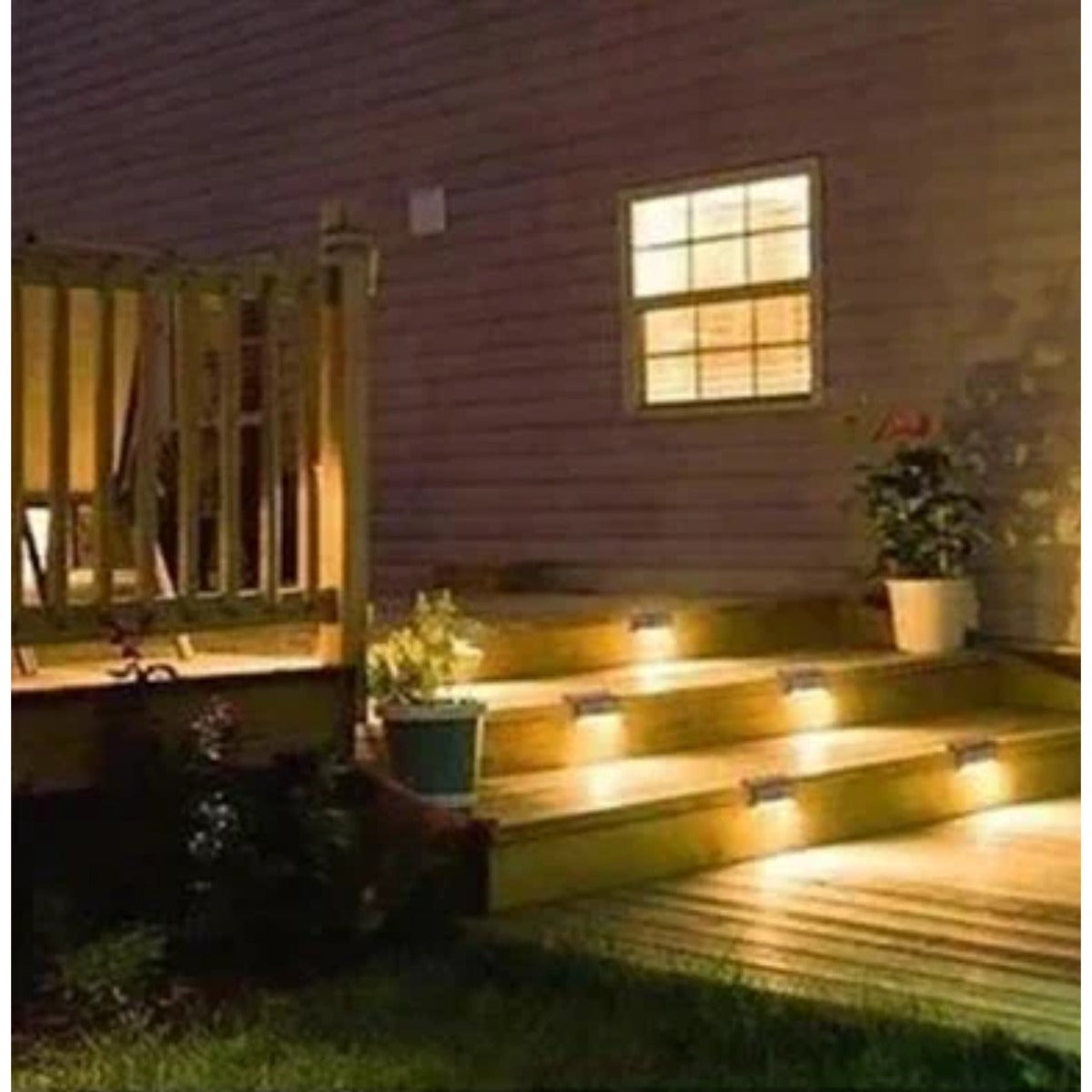 Solar deck lights on deck at dusk