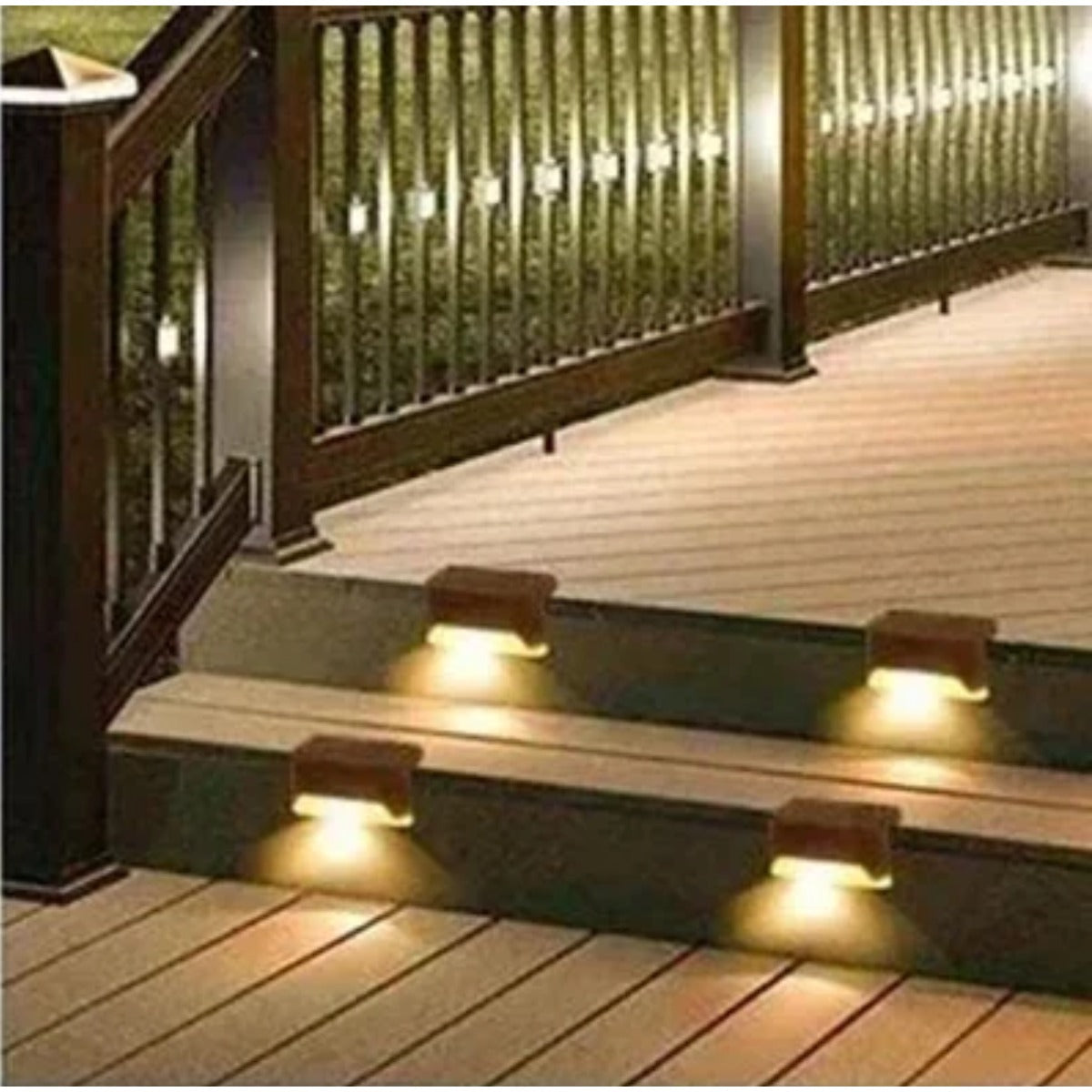 Solar fence lights on stair rail
