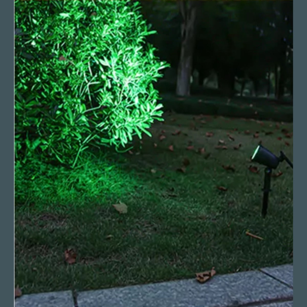Solar garden spotlight RGB green light on foliage