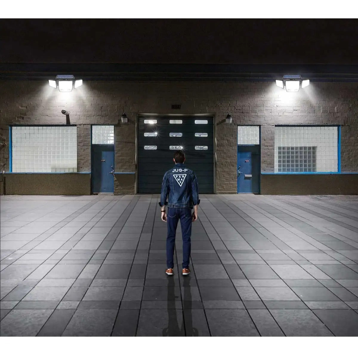 Solar motion lights on warehouse