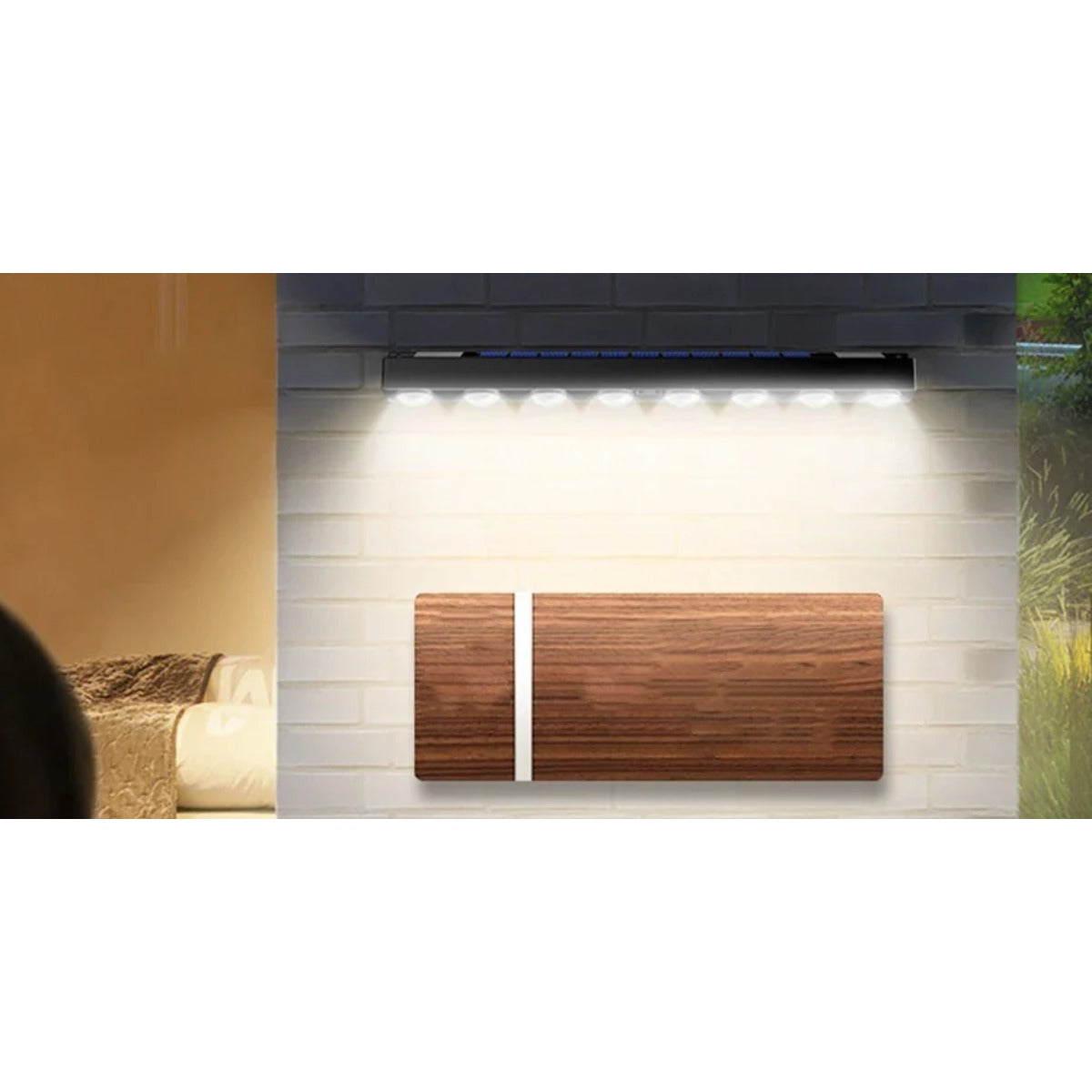 Solar wall light bar over headboard