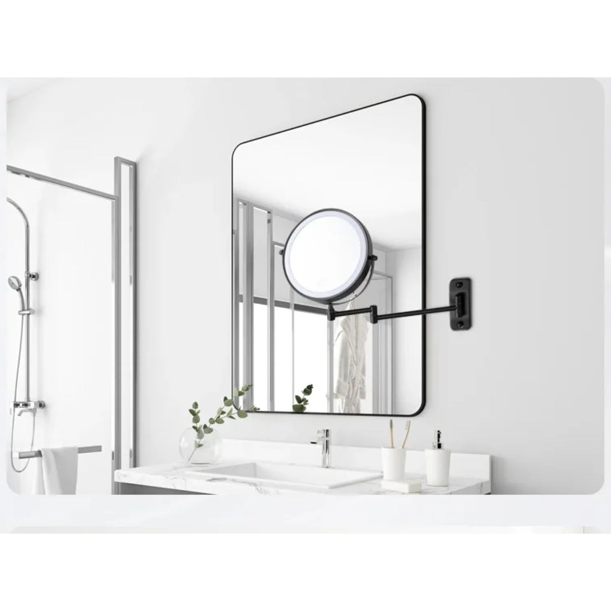 Wall mounted shower mirror in bathroom