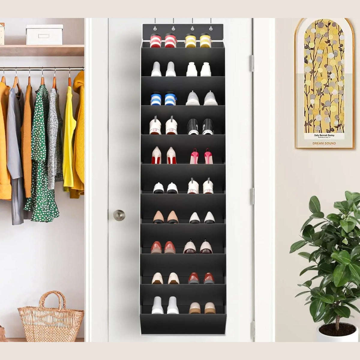Over the door shoe organizer holding shoes in a closet