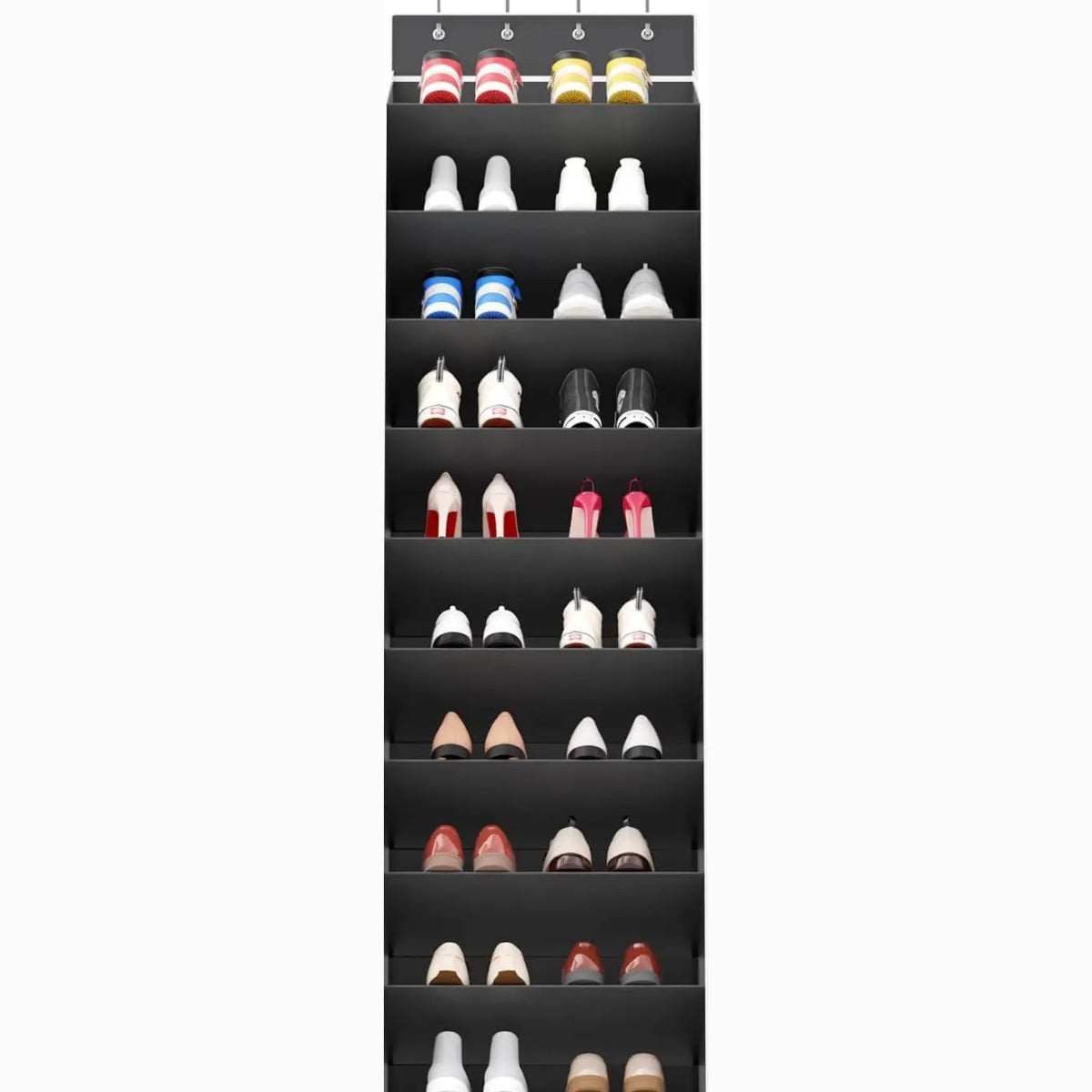 Shoe organizer filled with ten tiers of shoes