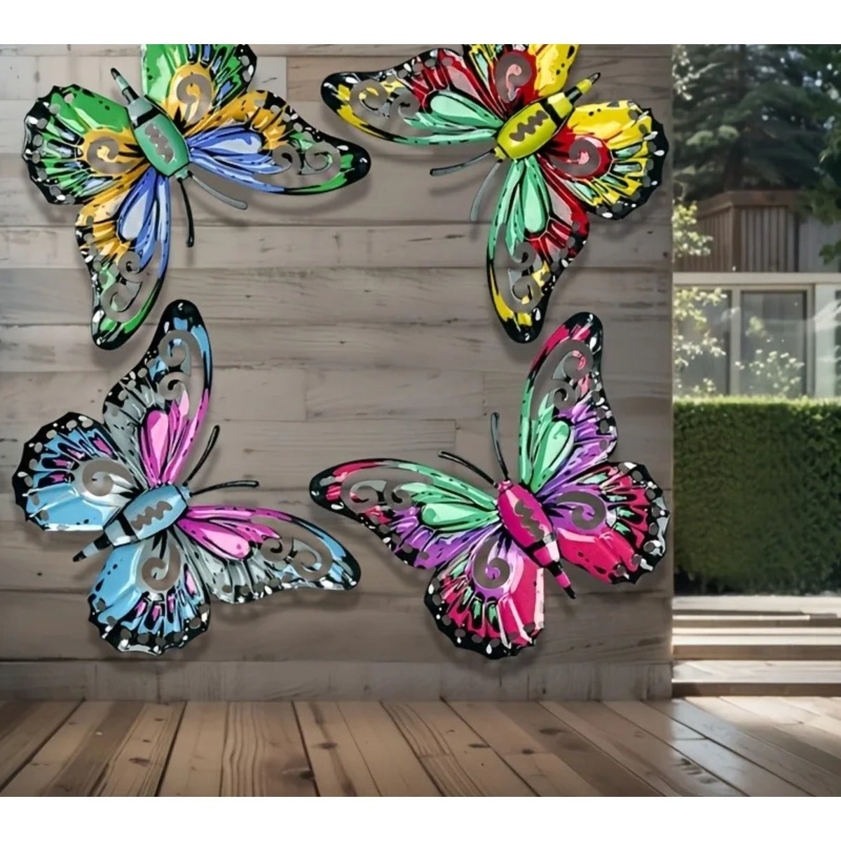 Metal butterflies on plank wall
