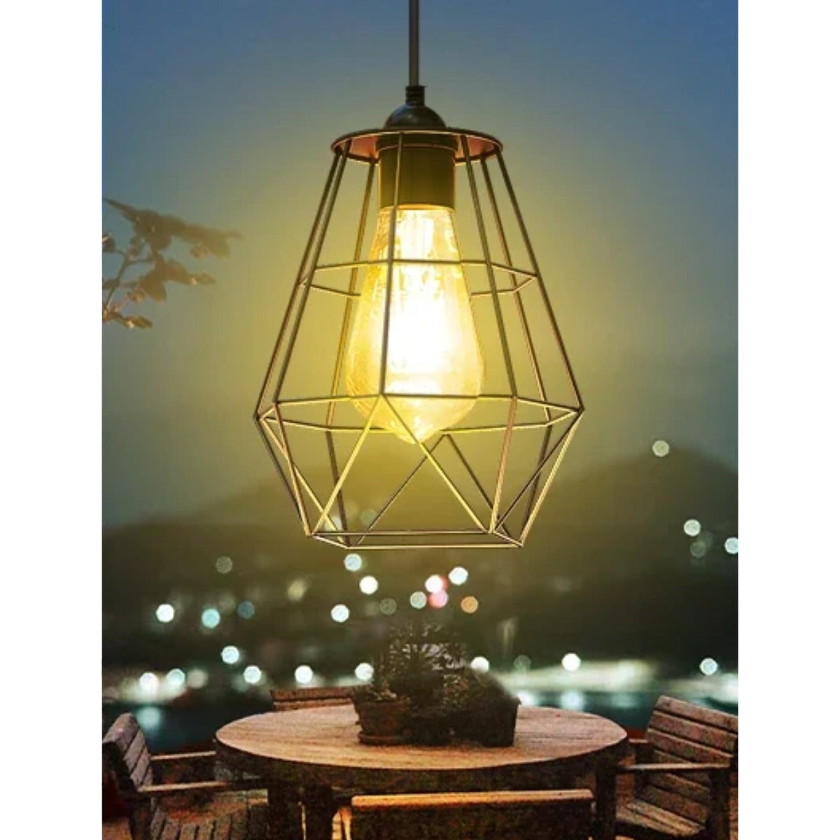 Pendant light over patio table at night