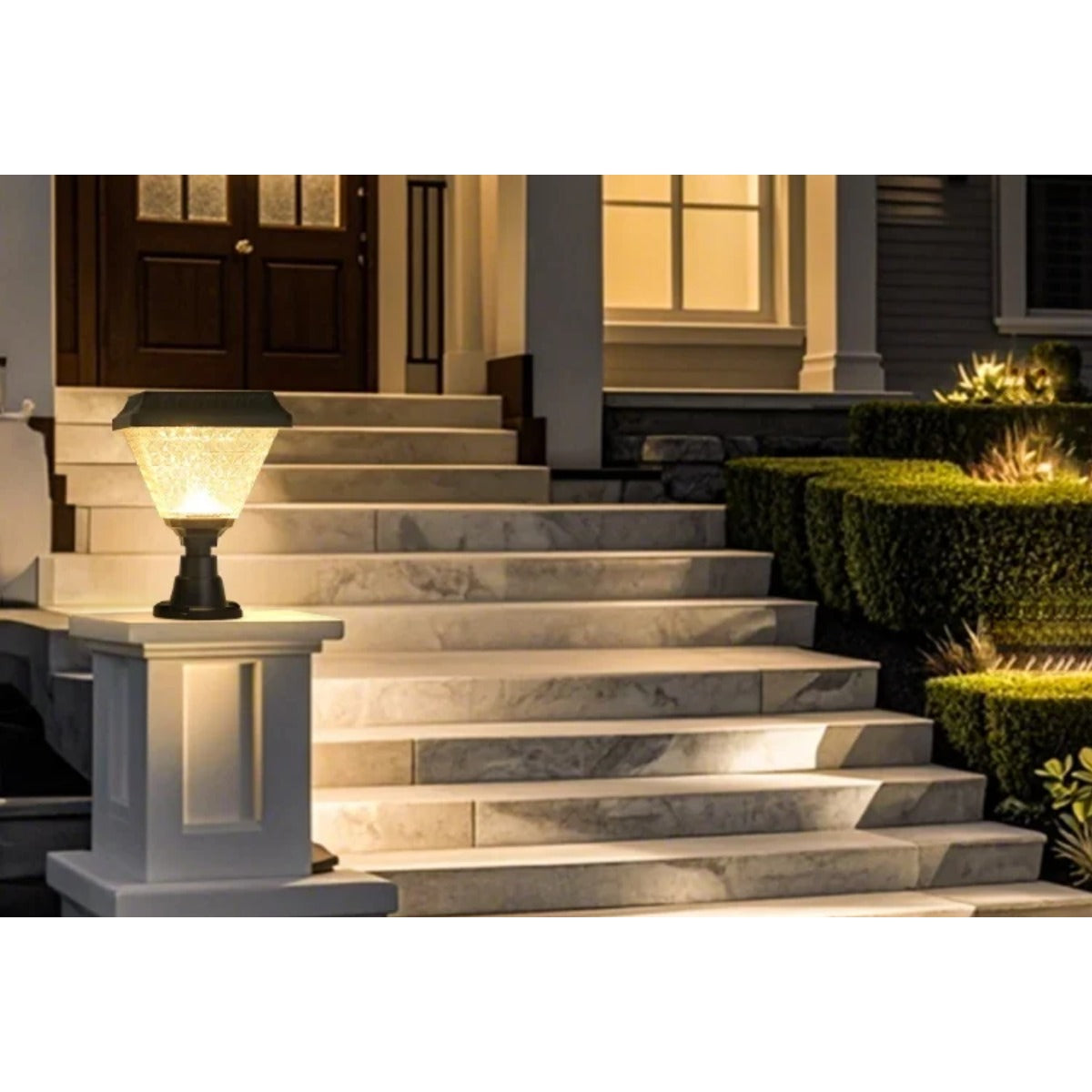 Pillar light by stone steps