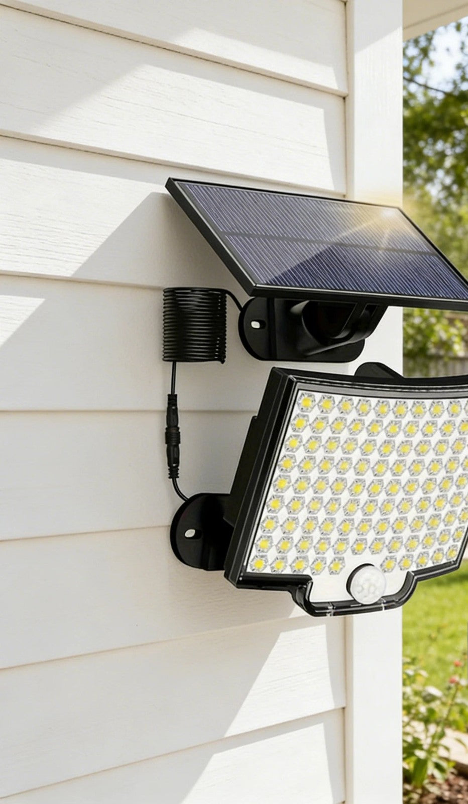 Solar flood light with separate solar panel mounted on house siding