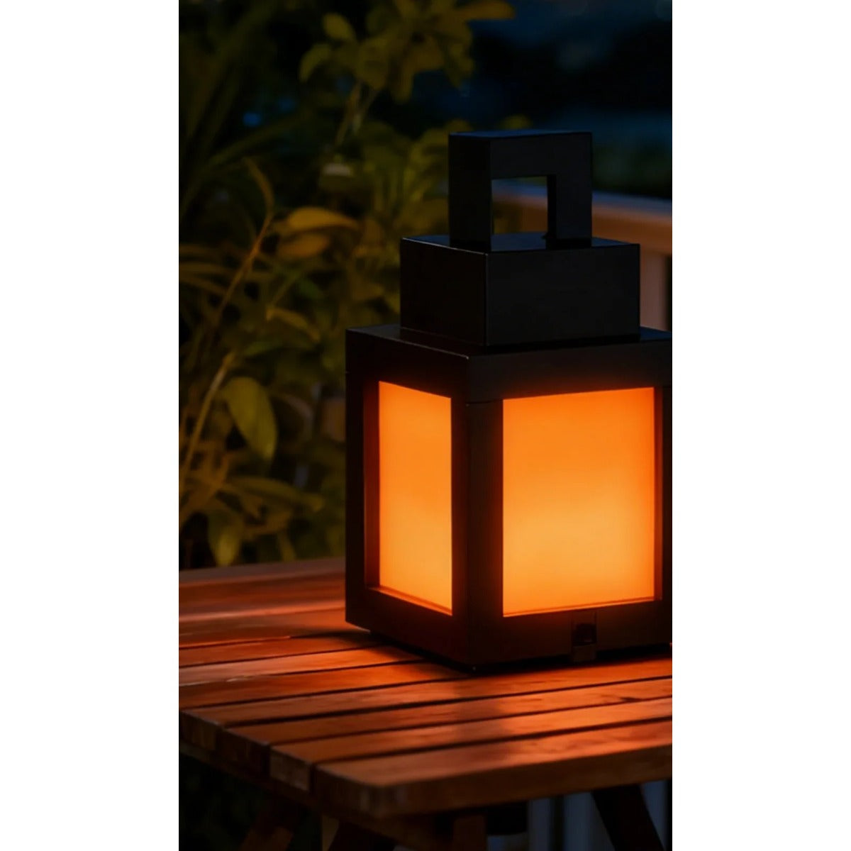 Pixel lantern glowing on patio table
