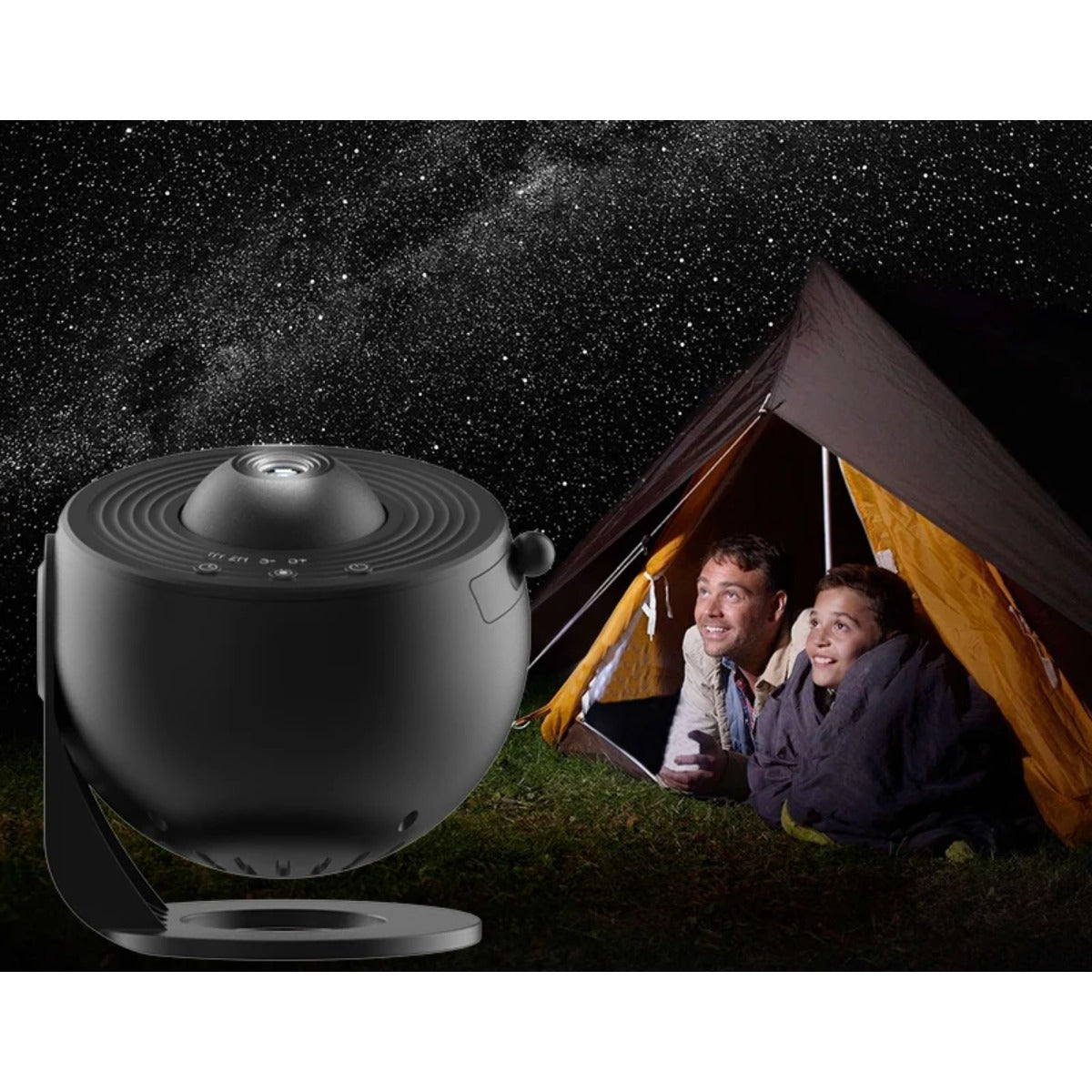 Galaxy projector camping under stars