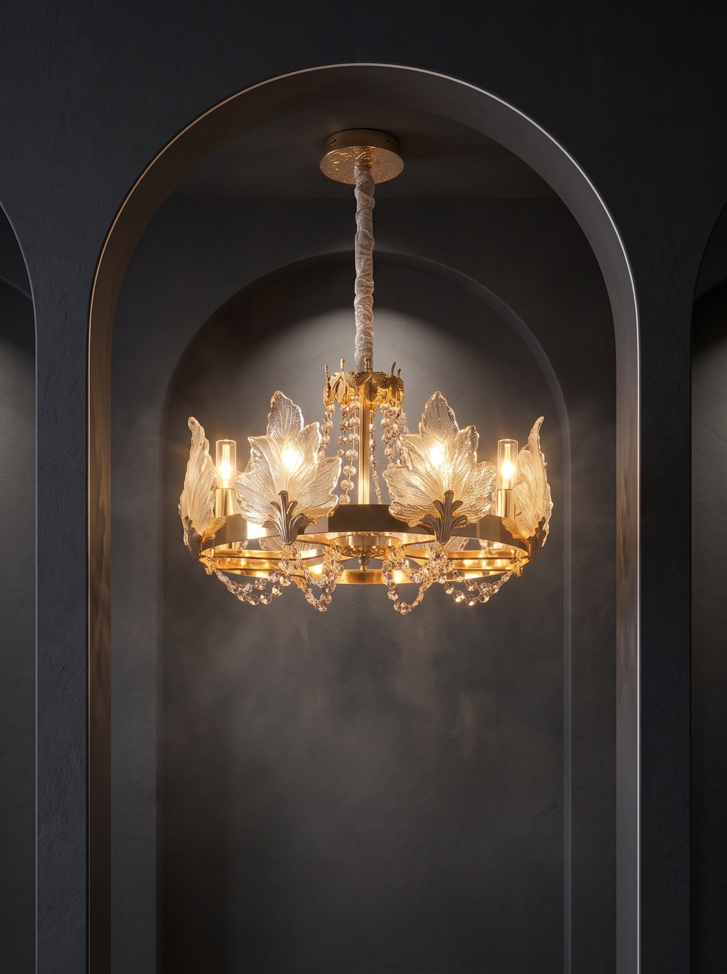 Versailles chandelier glowing in a dark arched alcove