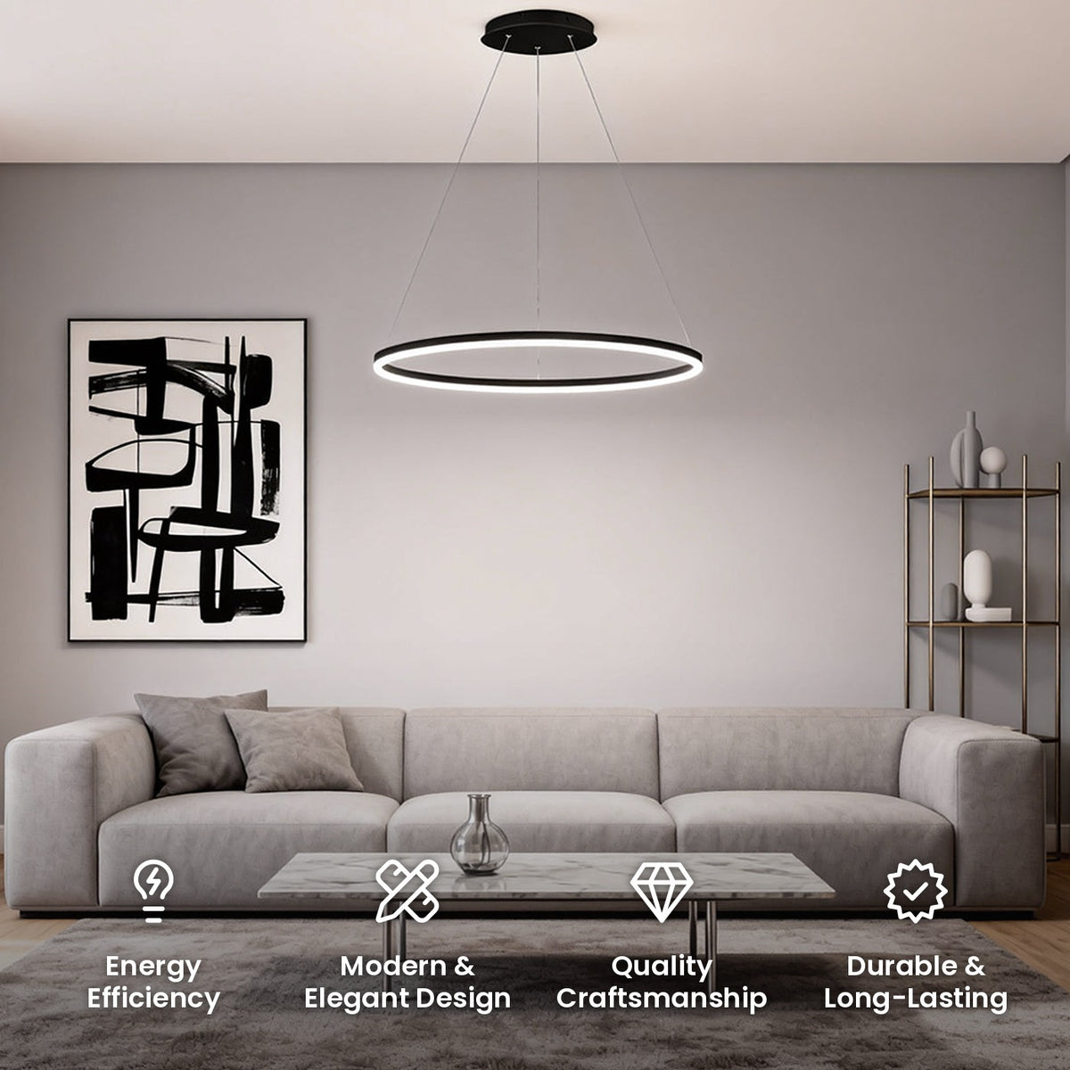 Black Ring Chandelier: energy efficiency, modern and elegant design, quality craftsmanship, durable and long-lasting