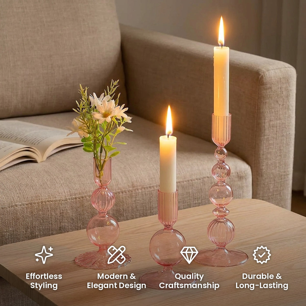 Wavy Glass Taper Candle Holders: effortless styling, modern and elegant design, quality craftsmanship, durable and long-lasting