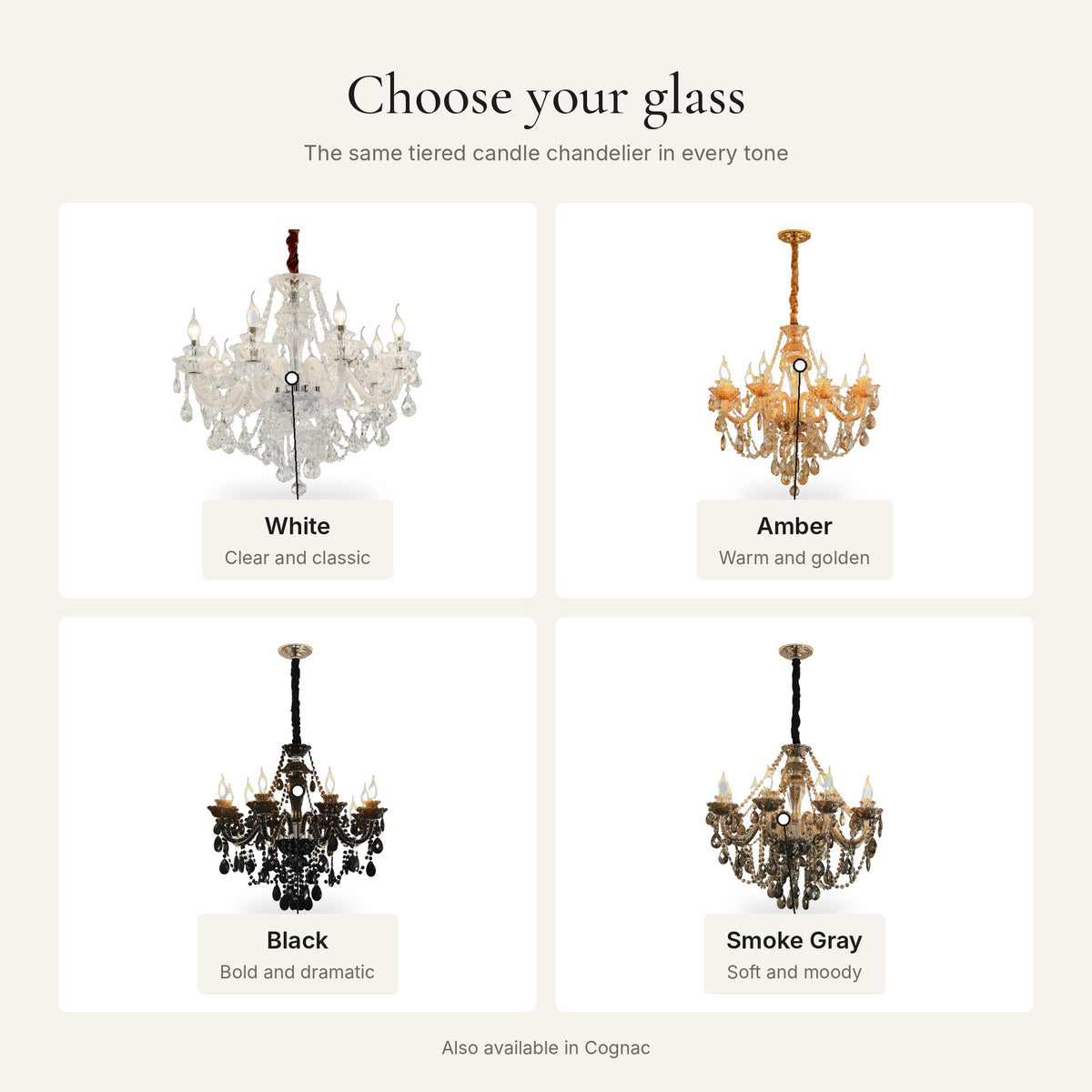 Crystal Glass Candle Chandelier finishes: White, Amber, Black, Smoke Gray