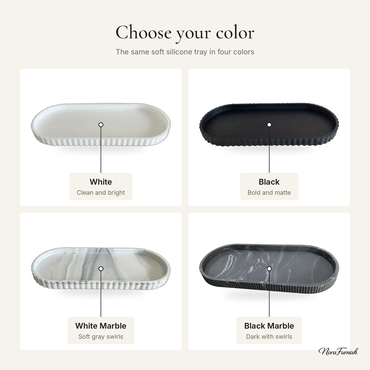 Silicone Oval Vanity Tray finishes: White, Black, White Marble, Black Marble