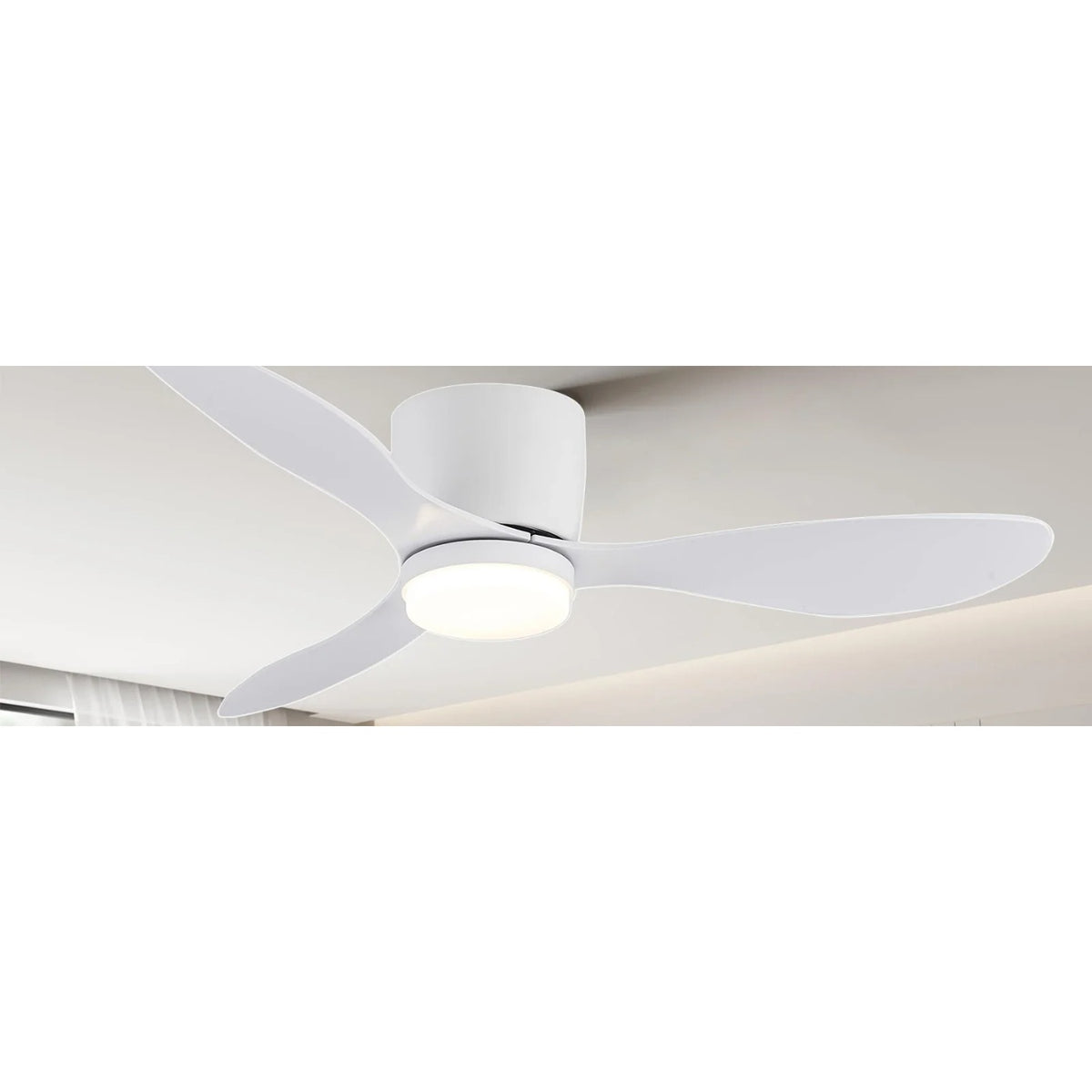 Ceiling fan with white blades and integrated LED light