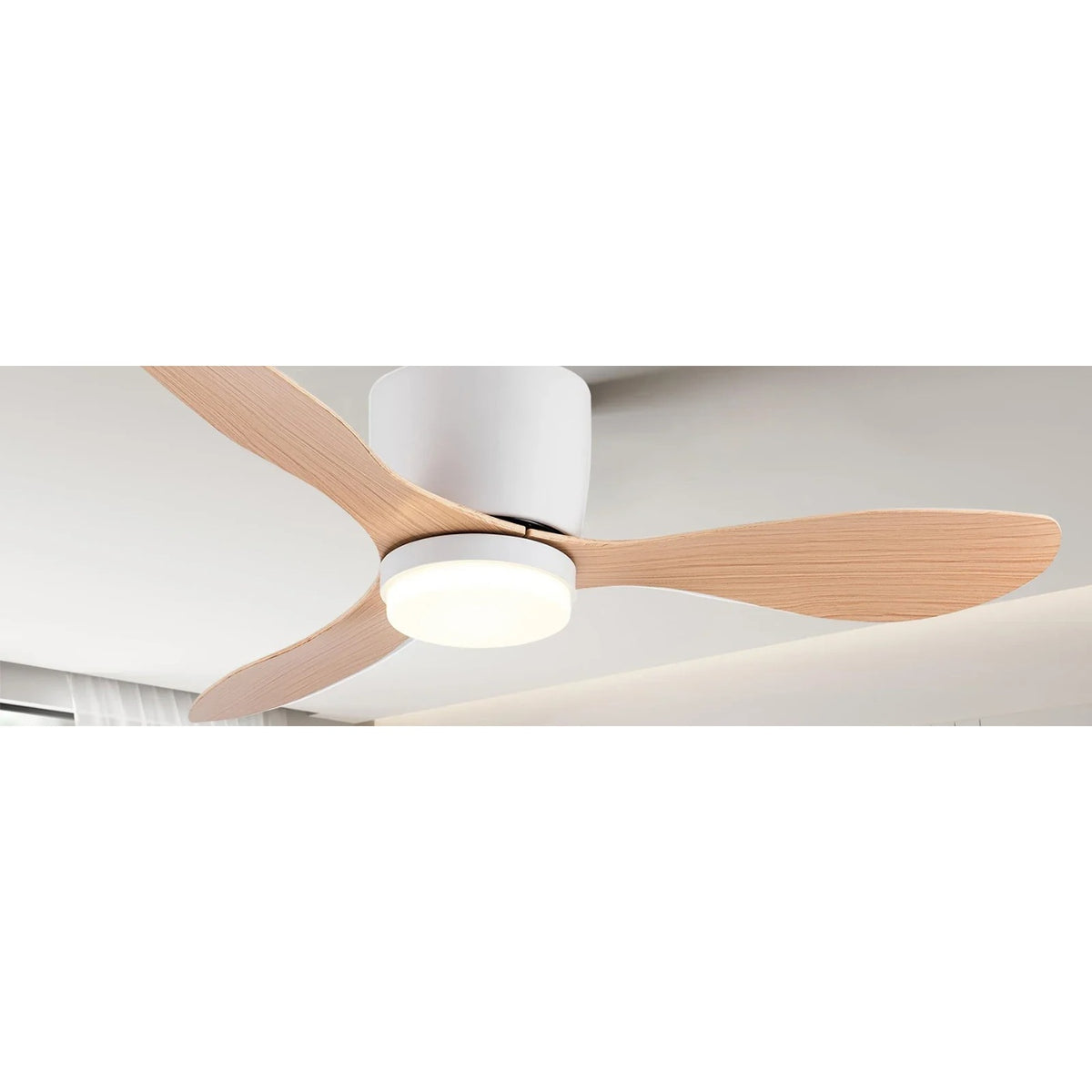 Ceiling fan with natural wood blades and integrated LED light