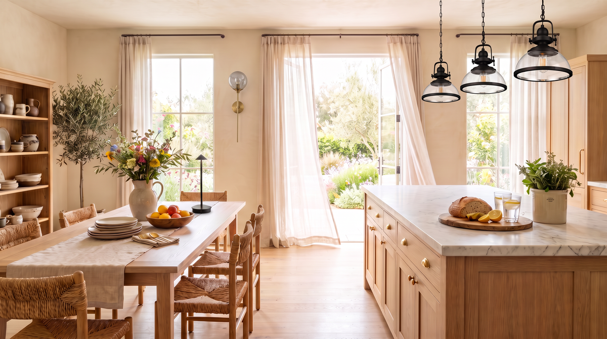 A bright kitchen and dining room in soft daylight