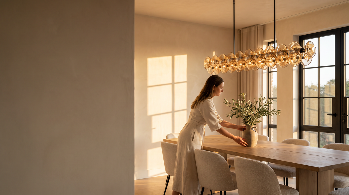 Amber glass linear chandelier glowing over a dining table at golden hour
