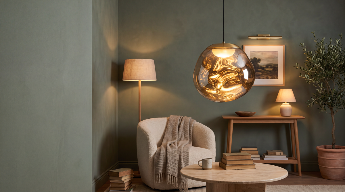 Amber ripple glass pendant glowing in a sage green living room