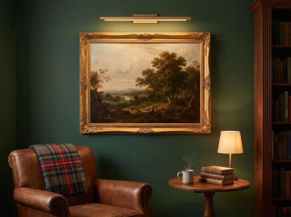 Picture light glowing over a landscape painting on a deep green wall