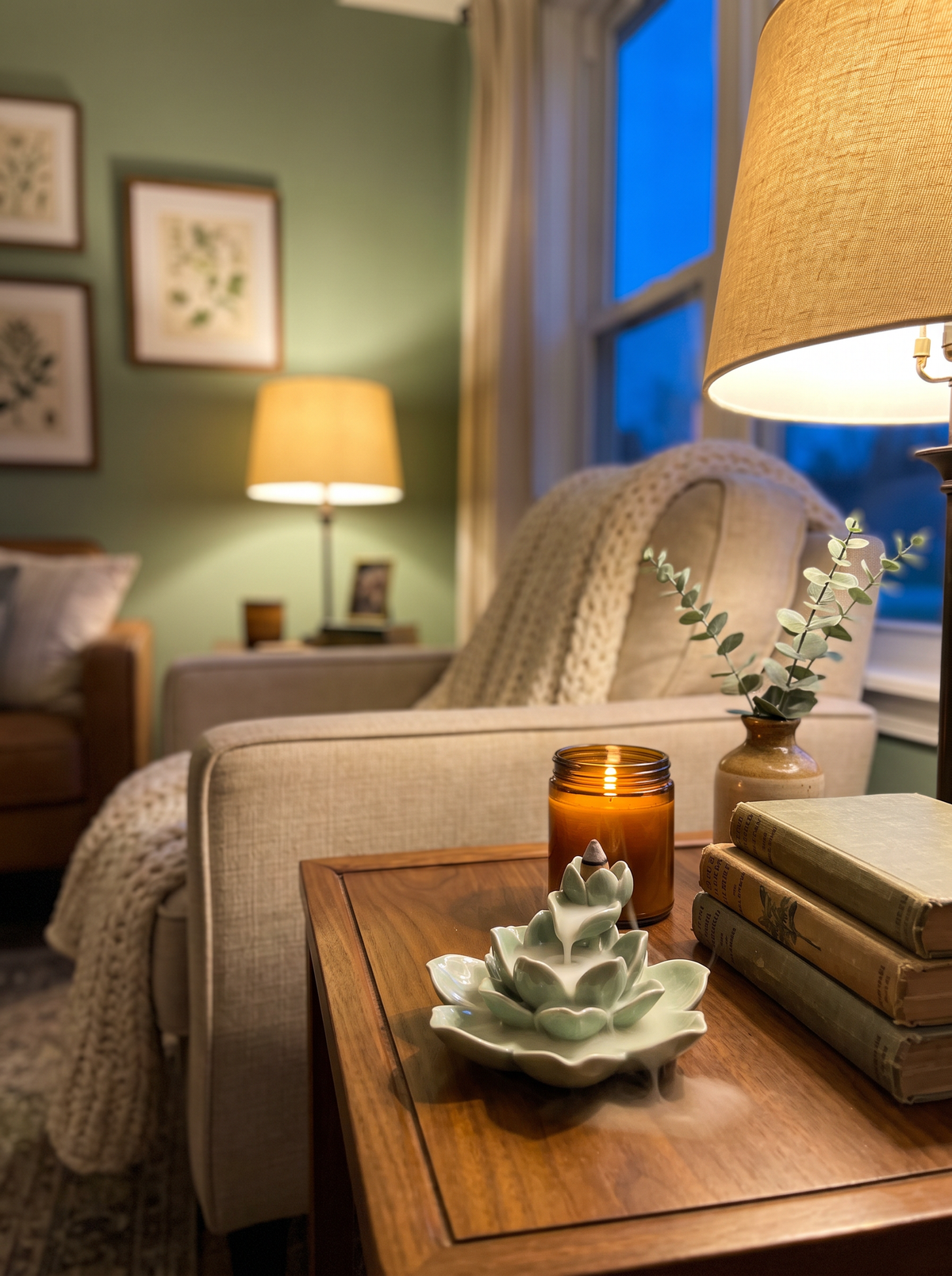 Cozy living room corner at night with a glowing table lamp, a candle and books