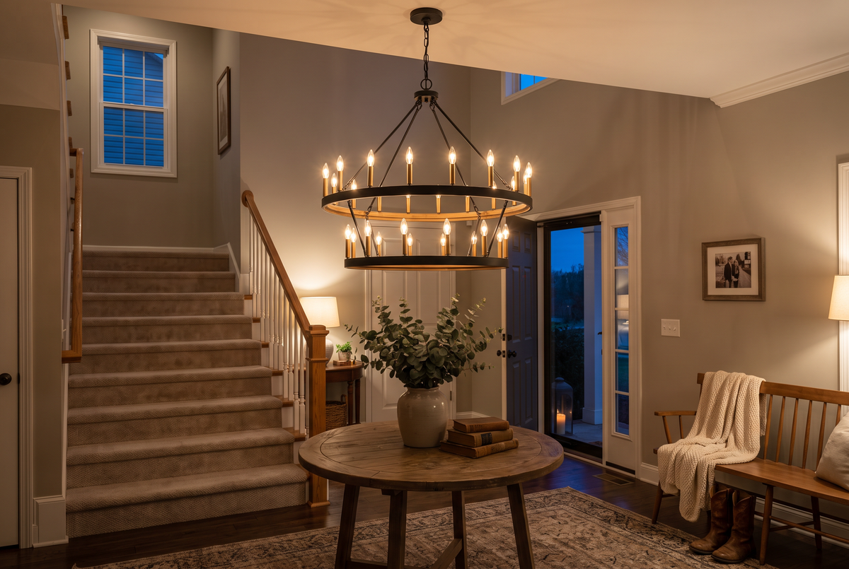 Warm entry hall in the evening with a black candle style ring chandelier over a round table