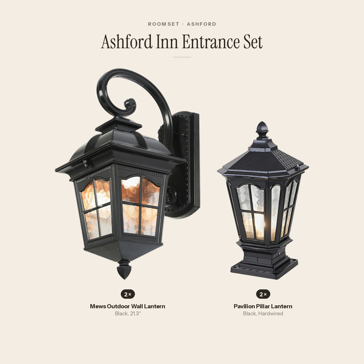 Ashford Inn Entrance Set: 2 Mews Outdoor Wall Lantern, 2 Pavilion Pillar Lantern